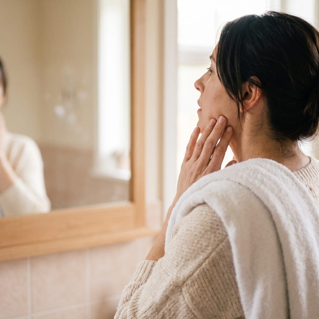 A woman at a bathroom mirror in soft morning light, seen from behind her shoulder, her fingertips resting on the hinge of her jaw just in front of her ear, a towel over her shoulder.