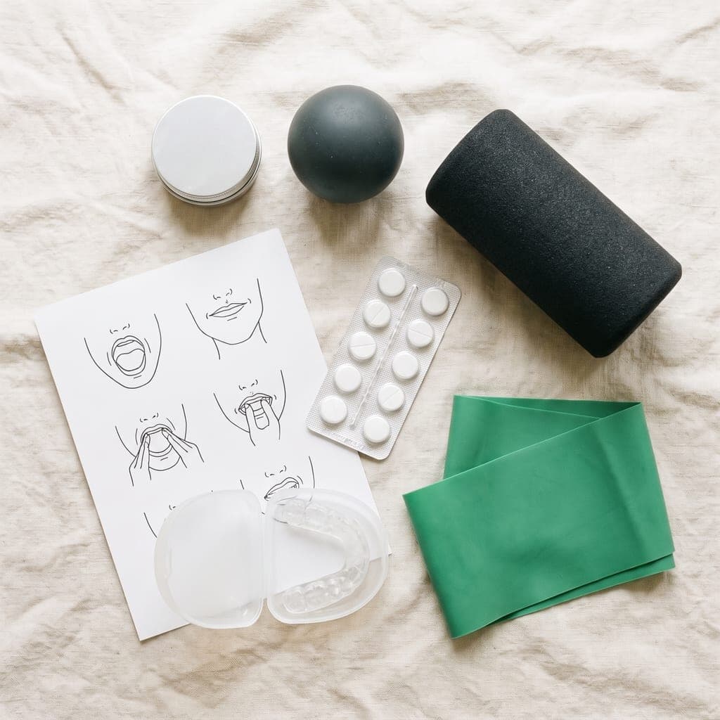 A tin of balm, a massage ball, a short foam roller, a sheet of jaw exercise drawings, a blister pack of tablets, a clear night guard in its case and a green resistance band, laid out on pale linen.