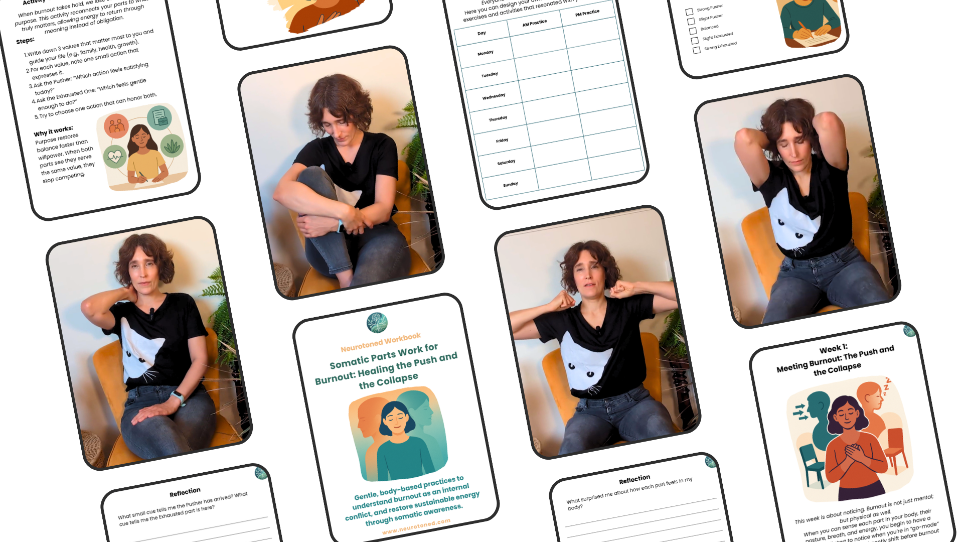 Stills from the sessions, Kristin seated and working through the practices, laid over pages from the programme workbook: the Week 1 sheet on meeting the push and the collapse, reflection prompts, and a weekly practice planner.