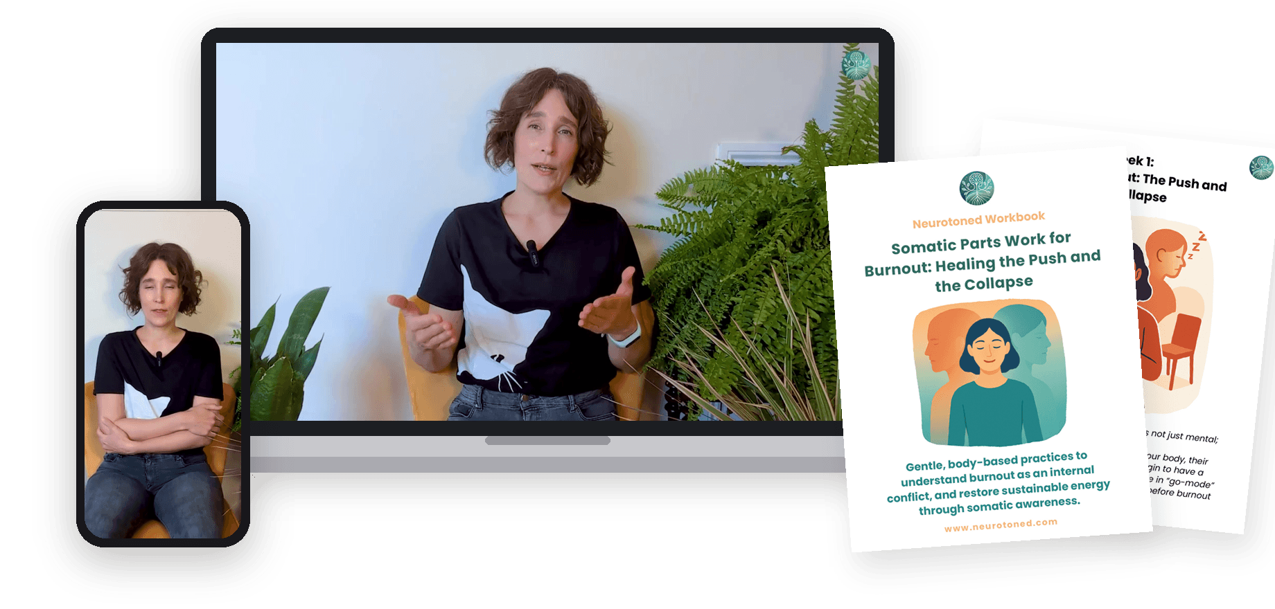 What you receive: Kristin Loeer's video sessions on a laptop and phone, and the companion workbook, a PDF you can print.