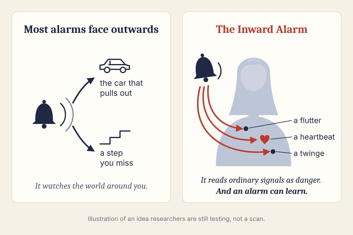 A two-panel drawing: on the left an alarm facing outwards at a car and a missed step; on the right the same alarm turned inwards towards a woman's heart and chest, labelled a flutter, a heartbeat, a twinge.