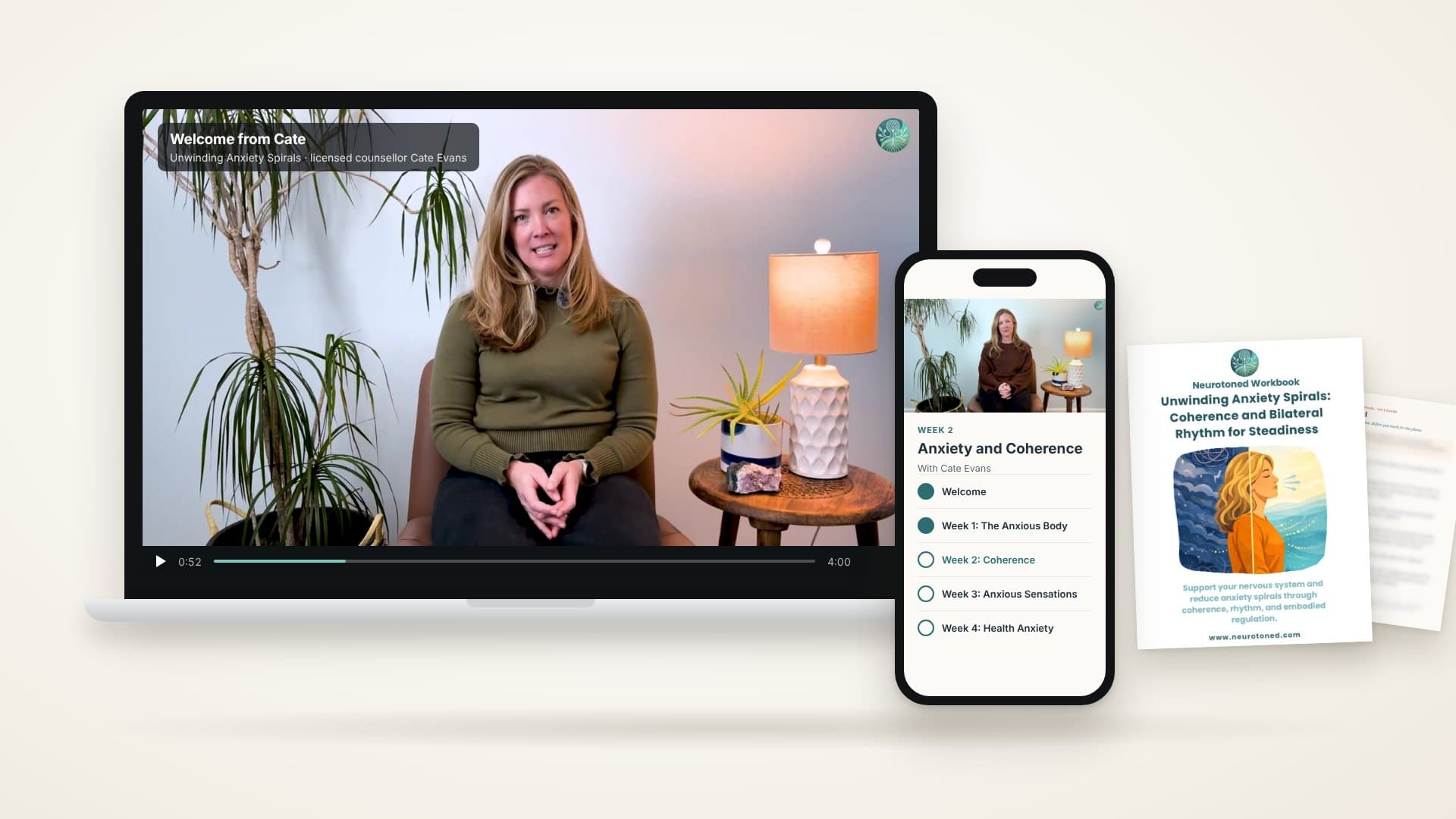 What you receive: Cate Evans's video lessons on your laptop and phone, the printed workbook and the 4am Card.