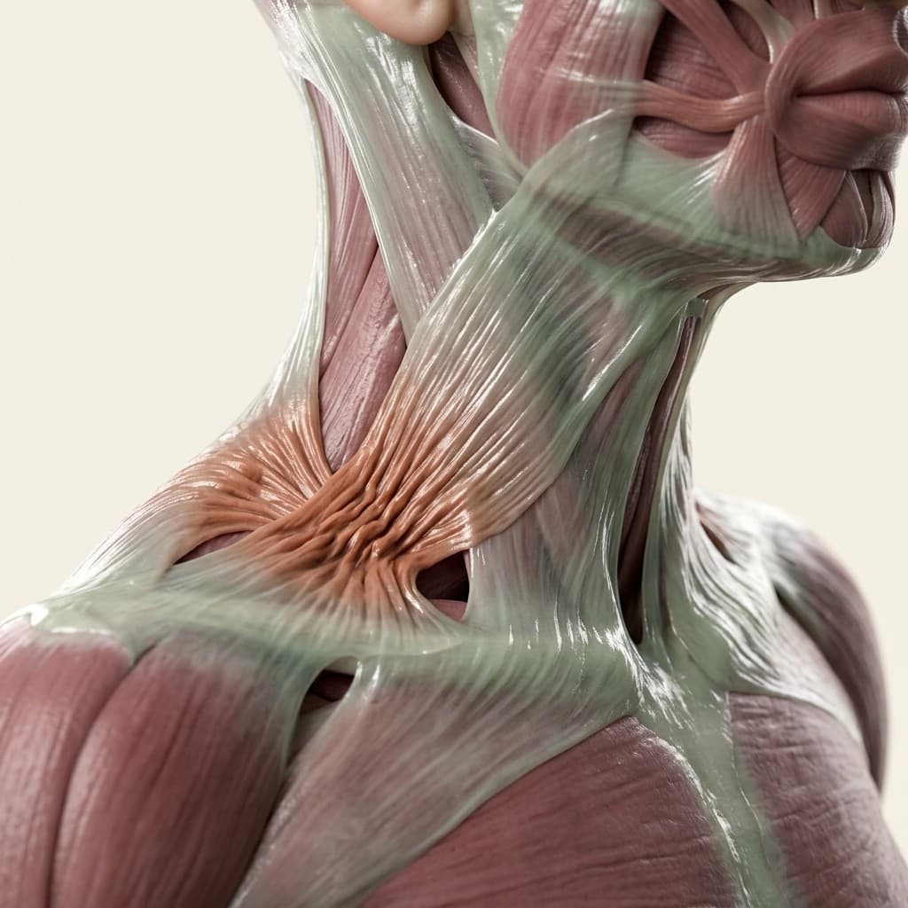 A close view of the fascia over a neck and shoulder: a pale, glistening sheet of connective tissue lying across the muscle, open and evenly spread over most of it, and drawn into a tight, puckered knot of shortened fibres at the base of the neck.