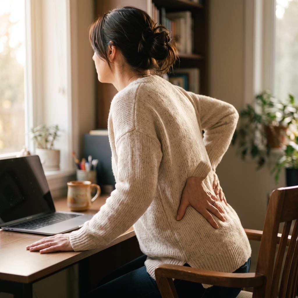 A woman half-risen from a wooden desk chair at home, one hand on the desk beside a laptop and the other pressed into her lower back, her face turned towards the window.