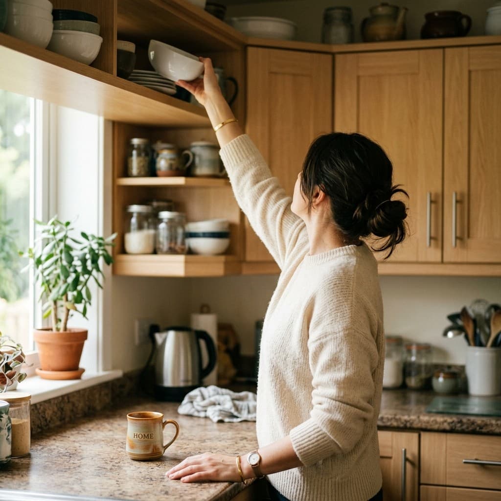 A woman in an ordinary kitchen reaching up to take a bowl down from a high shelf, her arm extended easily overhead and her other hand resting on the counter.