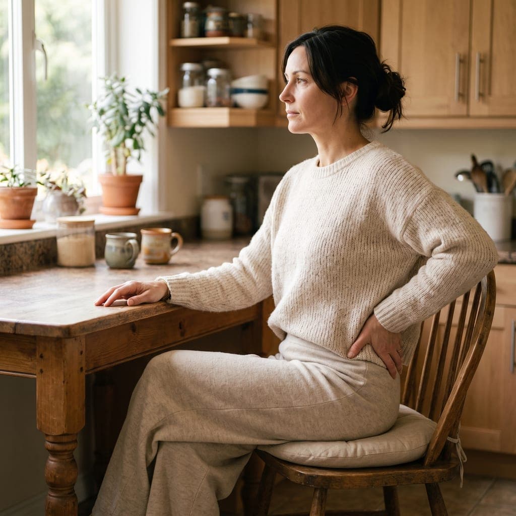 A woman in soft knitwear sitting a little stiffly on a cushion on a wooden kitchen chair, one hand on the side of her hip and the other on the table, looking out of the window.