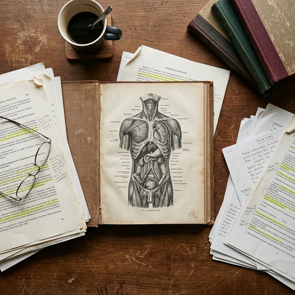 An open nineteenth century anatomy atlas on a wooden desk, showing an engraved dissection plate of the torso, surrounded by stacks of printed research papers marked with highlighter and pencil notes, a pair of reading glasses and a cup of coffee.