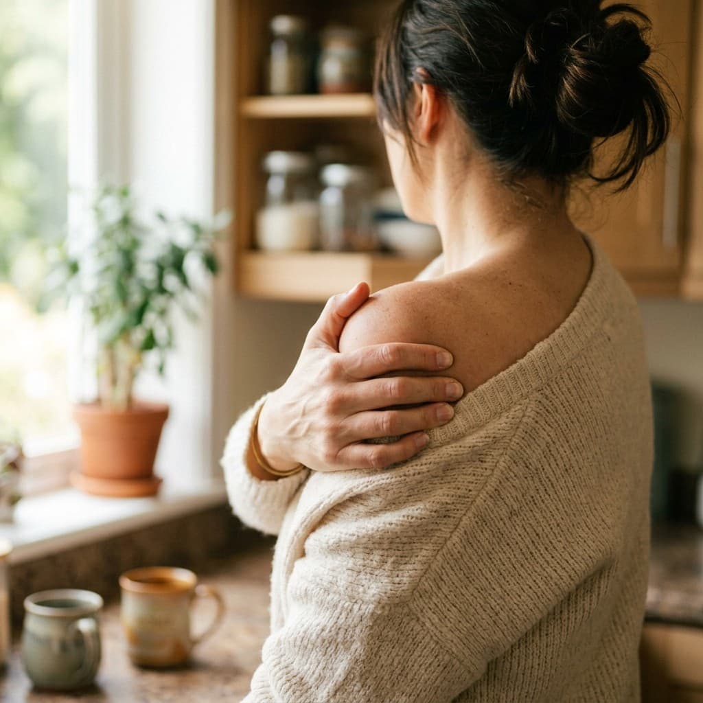 A woman standing at a kitchen counter with her hand gripping her own bare shoulder, seen from behind, her shoulders drawn up and her head turned away.