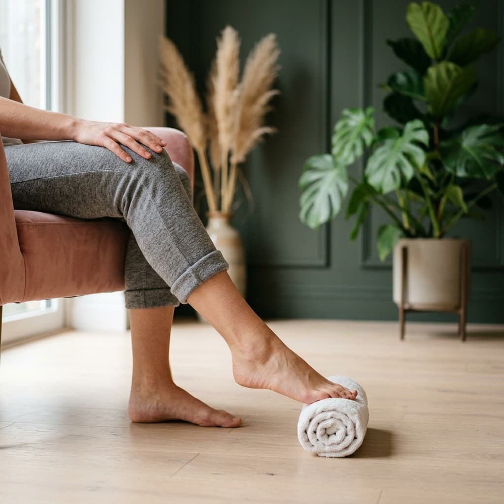 A woman sitting in an armchair with her leggings rolled to mid-calf, rolling the sole of one bare foot over a hand towel that has been rolled into a cylinder, her hands resting loosely on her knee.