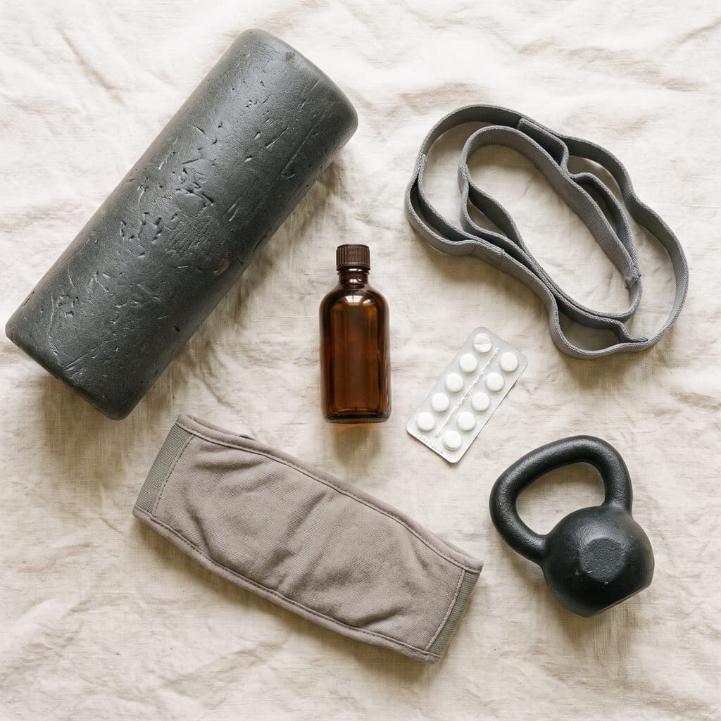 A foam roller, a small bottle of massage oil, a stretching strap, a blister pack of tablets, a heat wrap and a small kettlebell, laid out on pale linen.