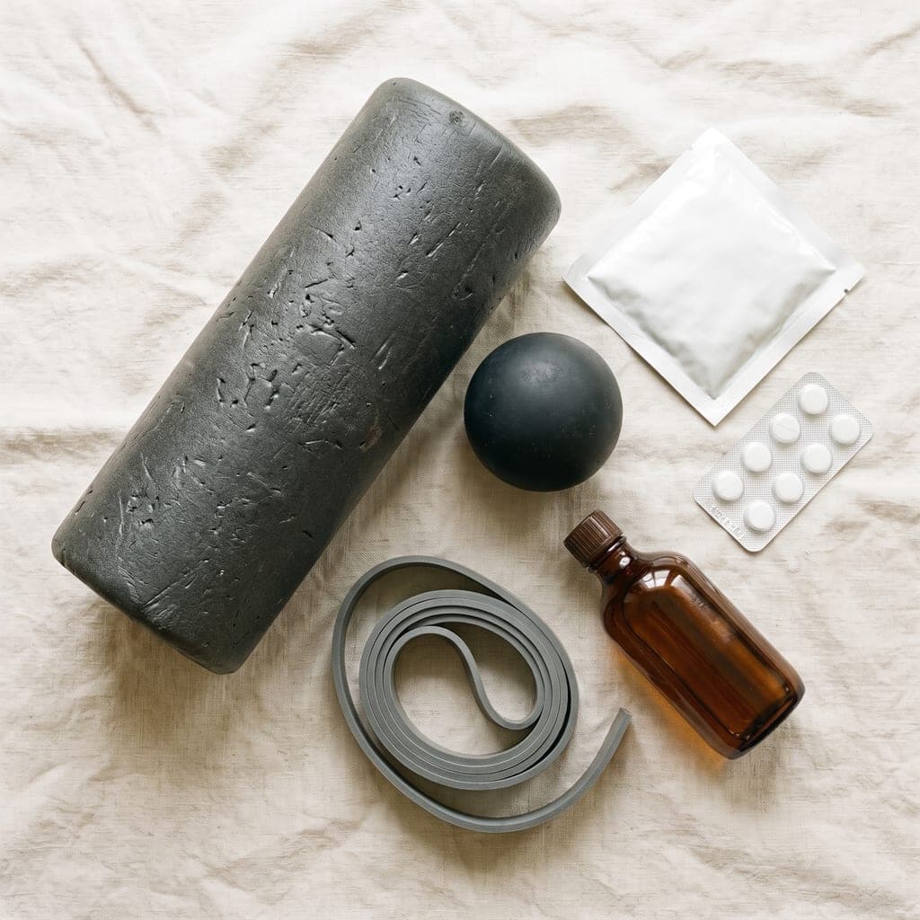 A foam roller, a massage ball, a heat patch, a blister pack of tablets, a grey resistance band and a small bottle of massage oil, laid out on pale linen.