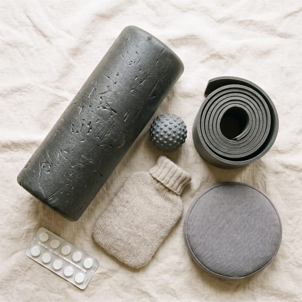 A foam roller, a massage ball, a hot water bottle in a knitted cover, a blister pack of tablets, a rolled yoga mat and a round seat cushion, laid out on pale linen.