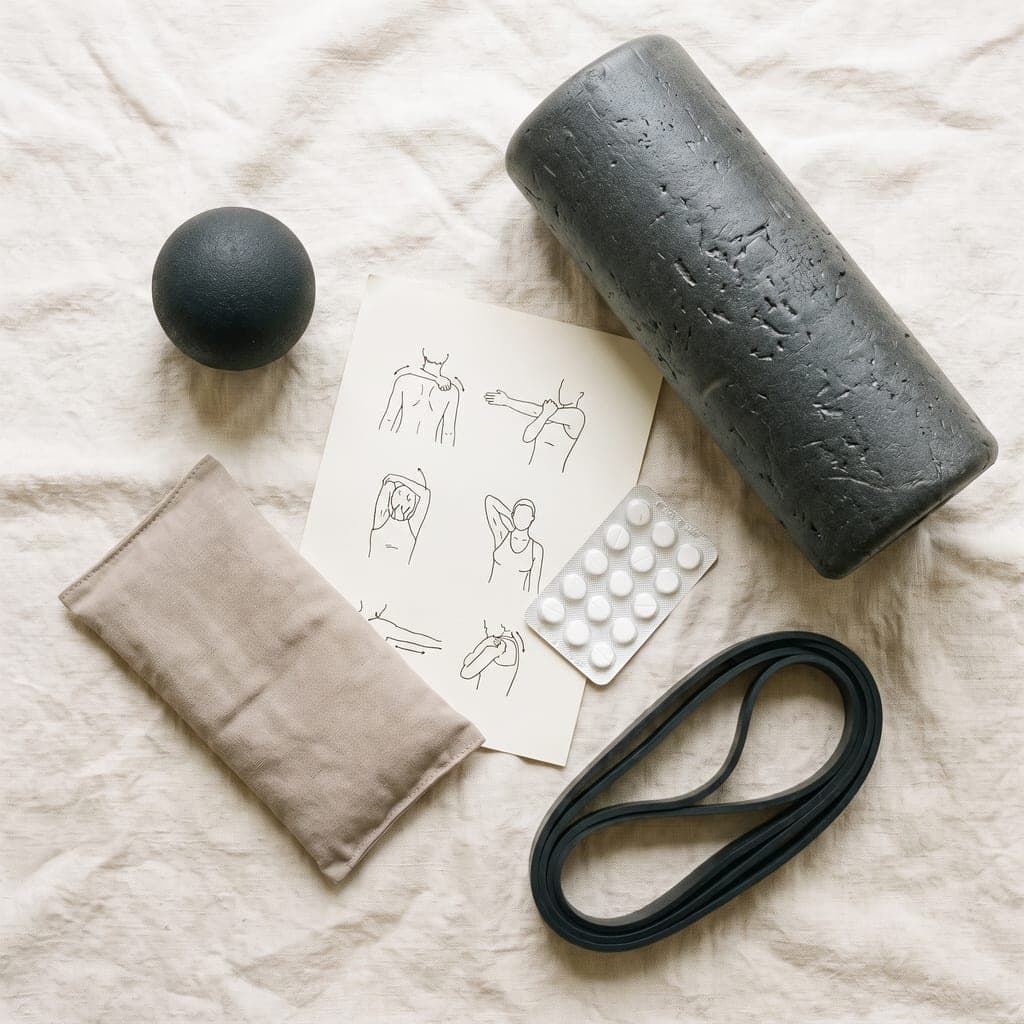 A massage ball, a foam roller, a sheet of shoulder stretch drawings, a blister pack of tablets, a heat pack and a looped resistance band, laid out on pale linen.