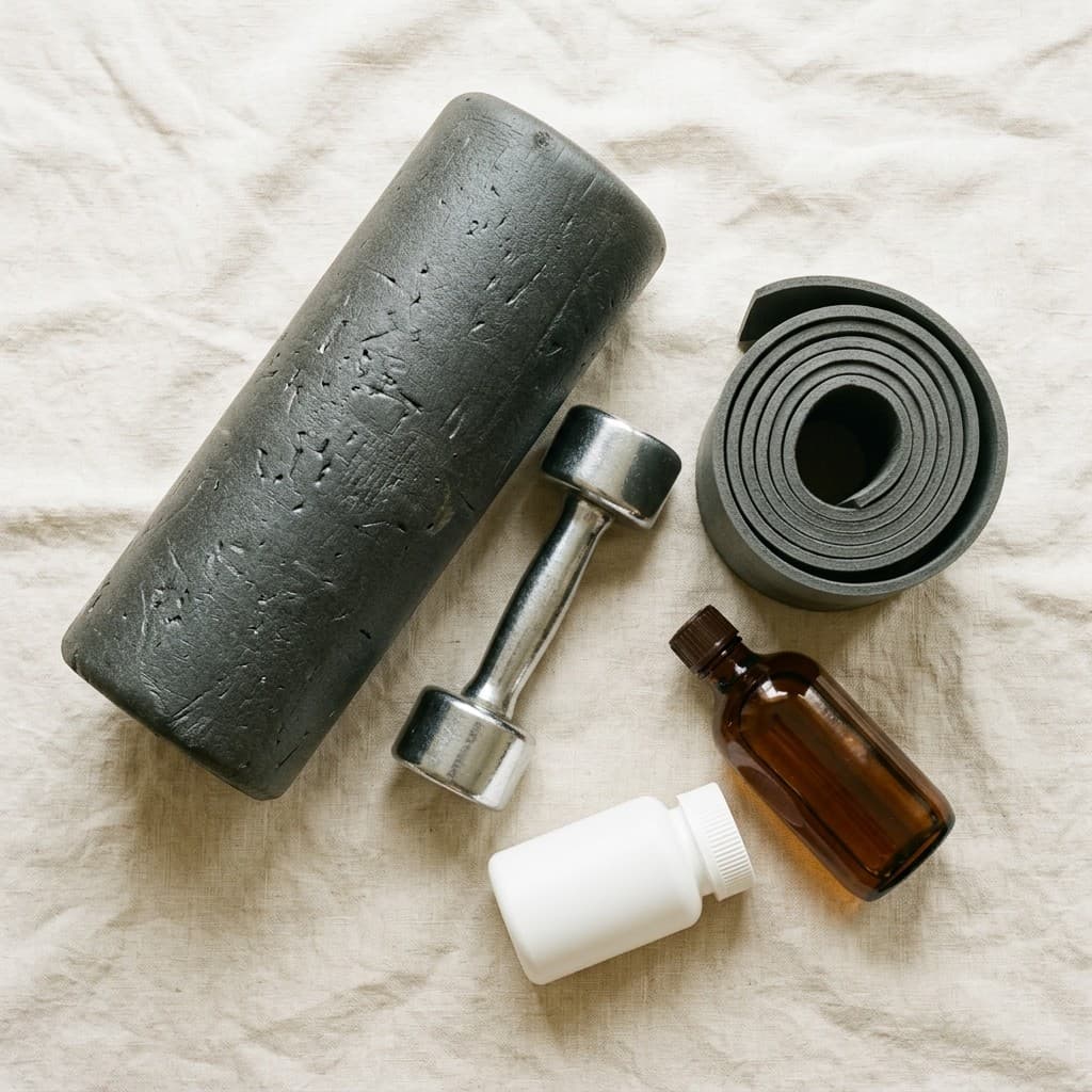 A foam roller, a dumbbell, a rolled exercise mat, a bottle of massage oil and a bottle of painkillers, laid out together on pale linen.