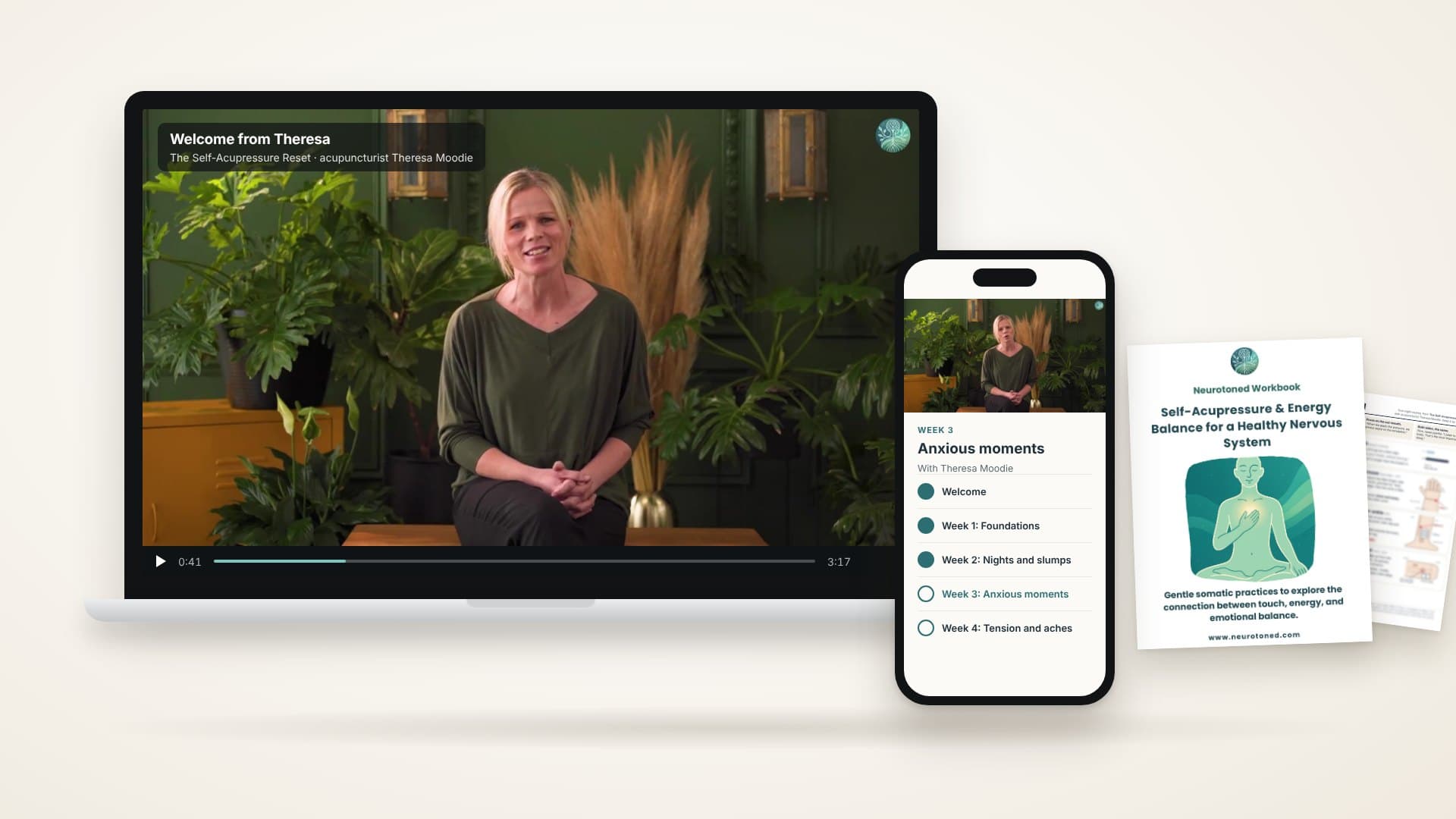 What you receive: Theresa Moodie's video lessons on your laptop and phone, the printed workbook and the 3am Card.