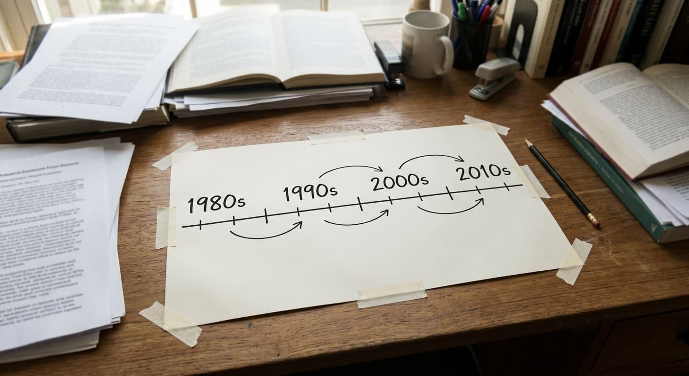 A hand-drawn timeline taped to a wooden desk, marked 1980s, 1990s, 2000s and 2010s with arrows curving forward between the decades, surrounded by stacks of research papers and open books.