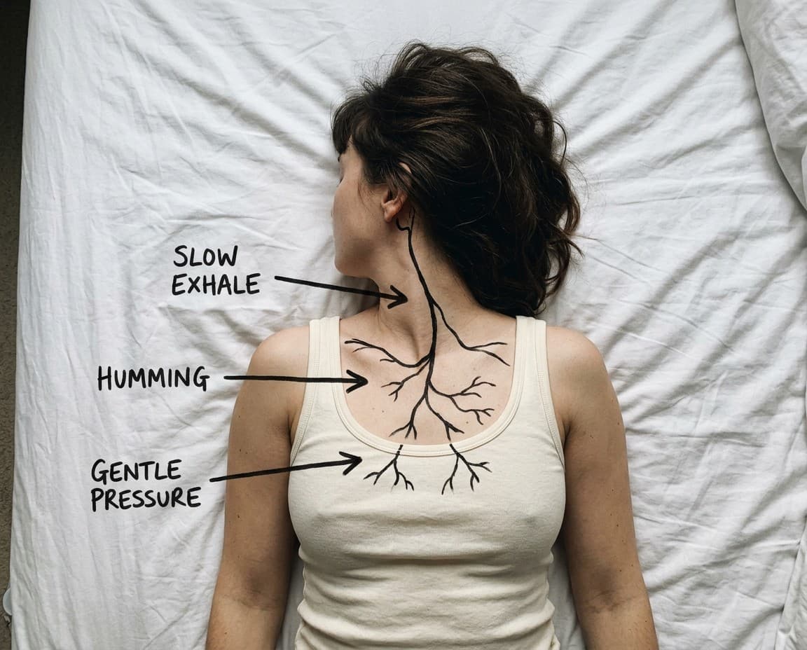 A woman lying on white bed linen seen from above, with the path of the vagus nerve drawn on her skin in marker: from behind the ear, down the side of the neck, and branching across the chest. Three arrows label it: slow exhale, humming, gentle pressure.
