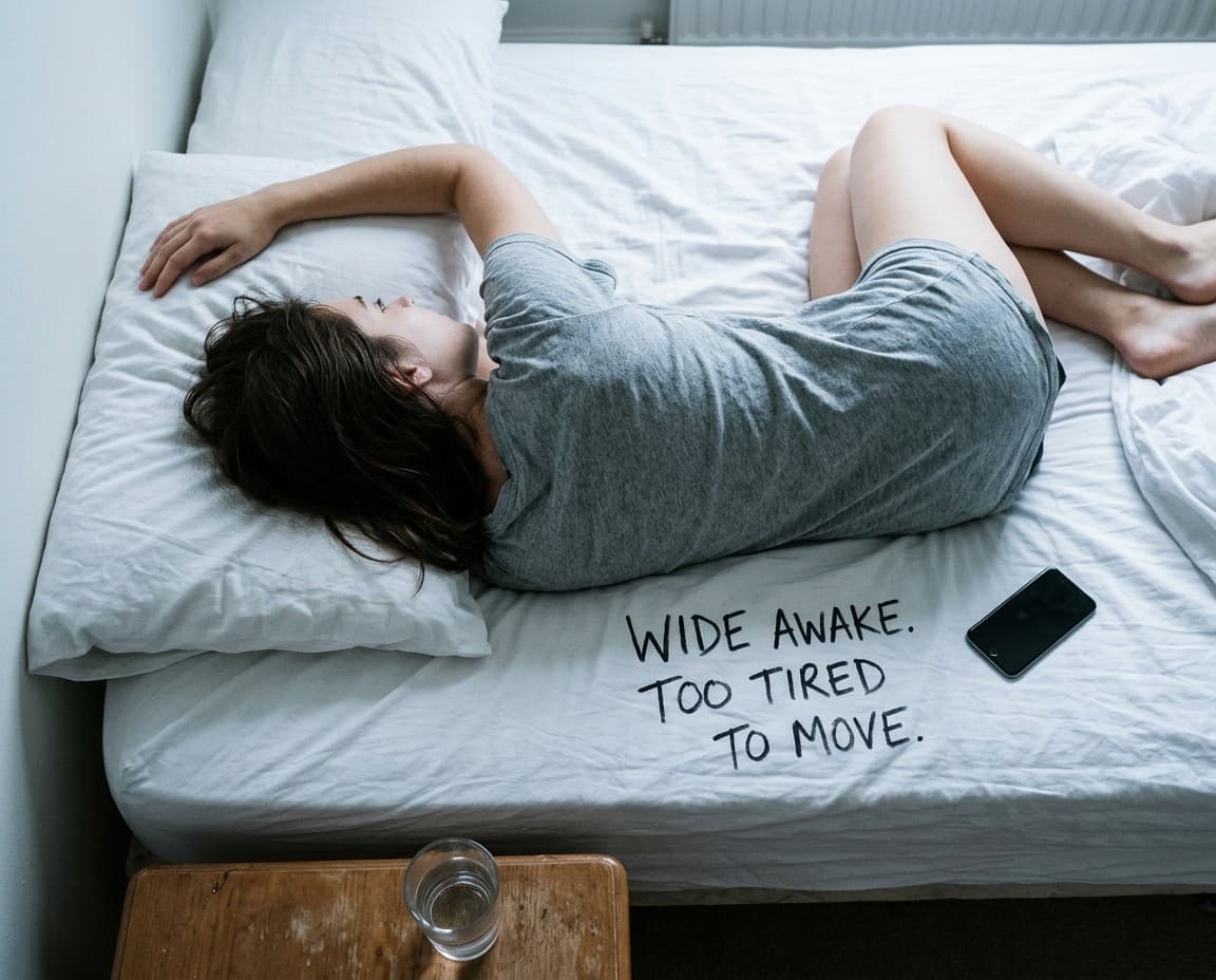 A woman lying on her side on white bed linen, seen from above, one arm above her head, a phone face down beside her. Written on the sheet in marker: wide awake, too tired to move.