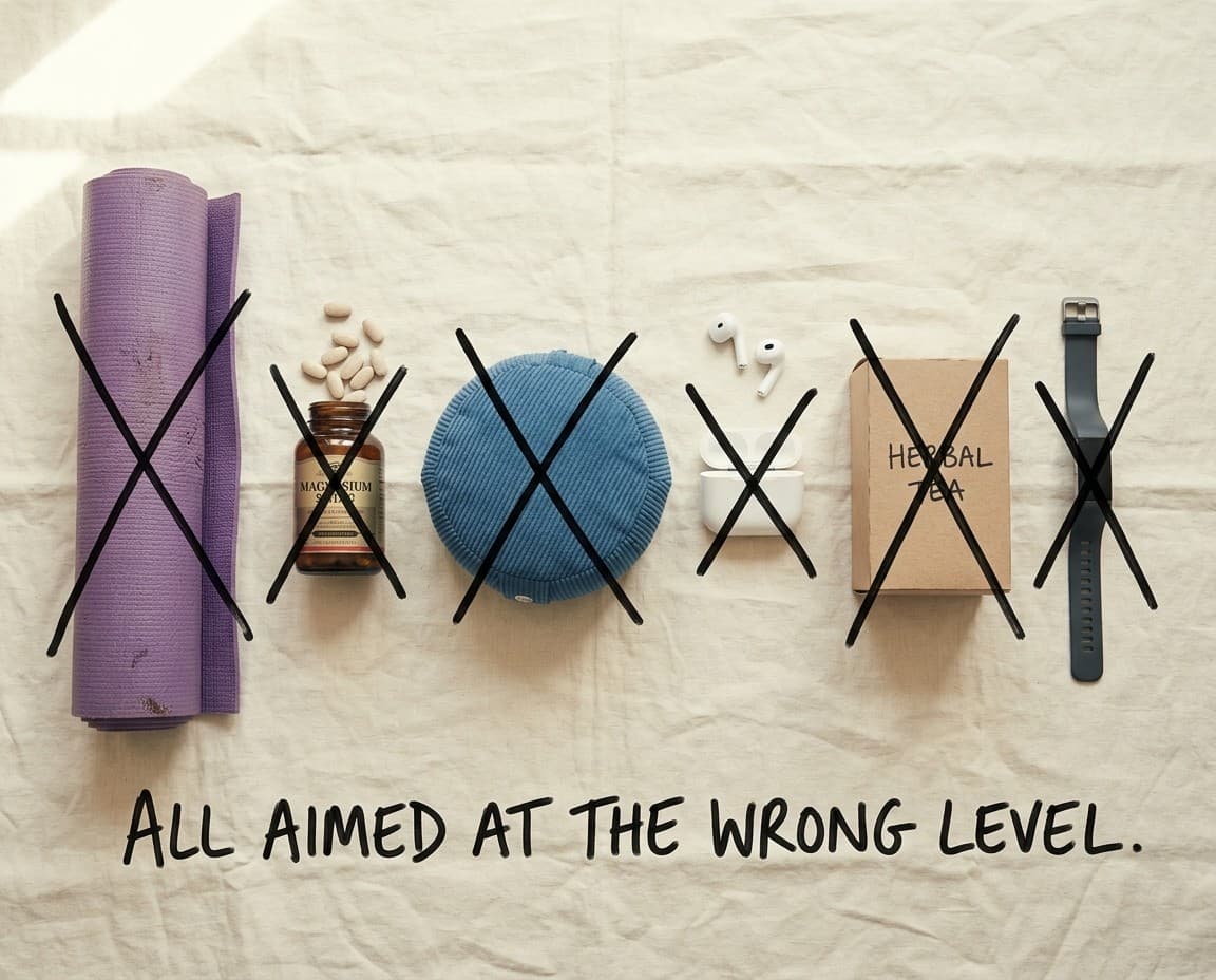 A yoga mat, a bottle of supplements, a meditation cushion, earbuds, a box of herbal tea and a fitness tracker laid out on linen, each with a large black cross drawn over it. Written underneath in marker: all aimed at the wrong level.