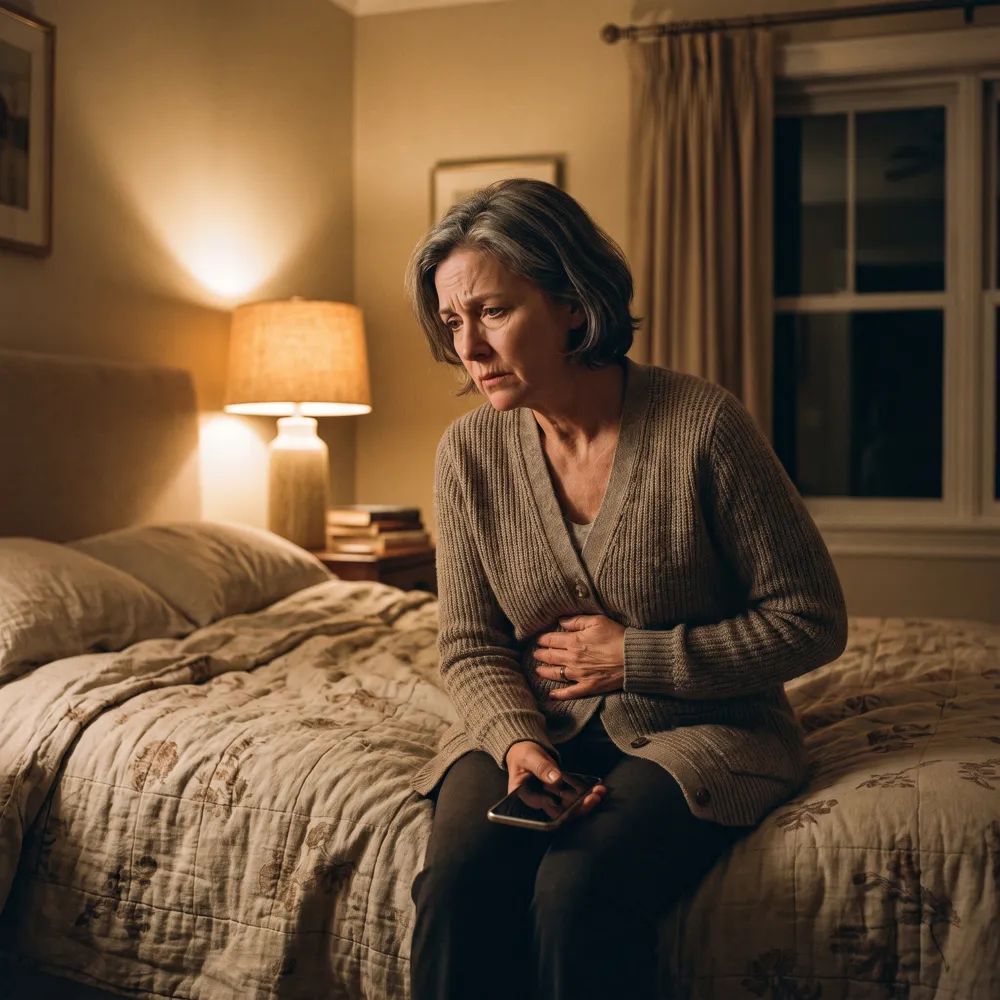 A woman in her fifties sitting on the edge of her bed at night, one hand on her stomach, her phone face down